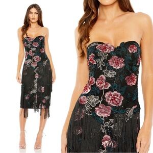 Mac Duggal - Strapless Floral Embroidered Midi Dress with Fringe Detailing